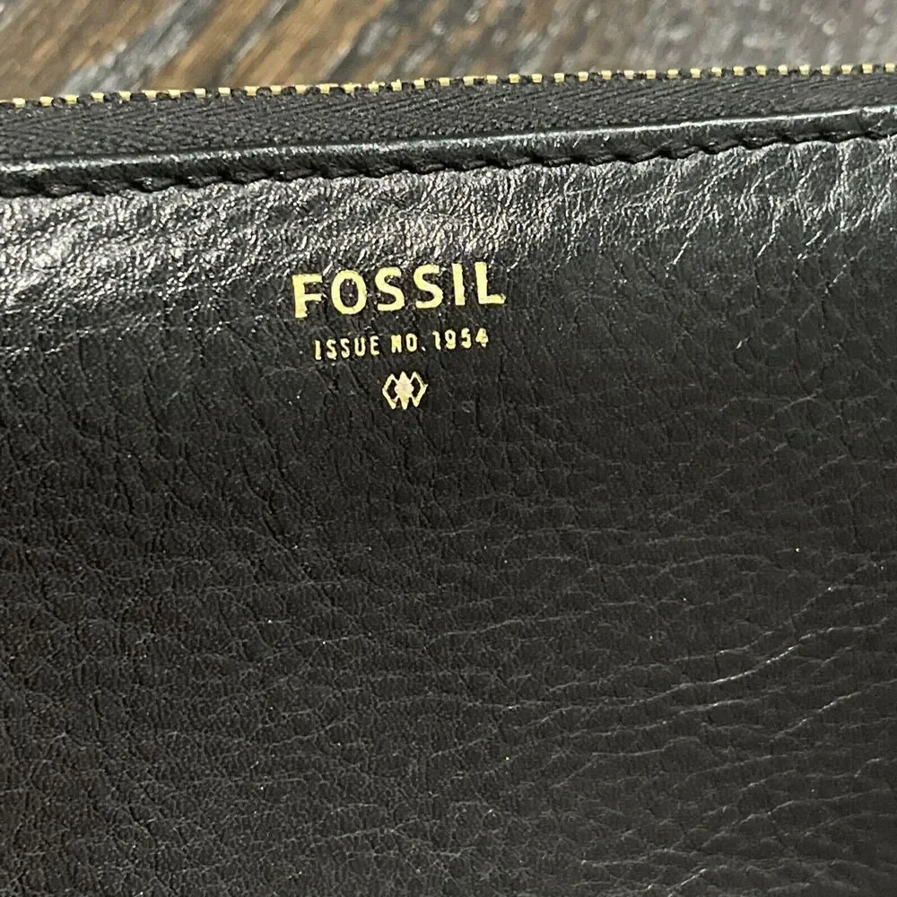 Fossil Sydney Wallet Wristlet Black Metallic Gold Leather Accordion‎ Clutch